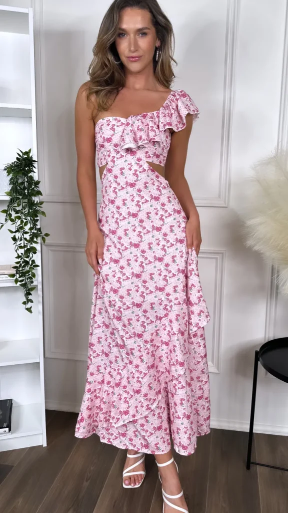 LILY MCBEE Going Out Dresses | Occasion Dresses^Natalya Pink Floral Printed One Shoulder Cut Out Maxi Dress