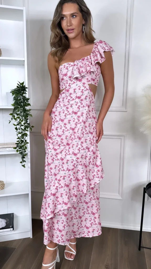 LILY MCBEE Going Out Dresses | Occasion Dresses^Natalya Pink Floral Printed One Shoulder Cut Out Maxi Dress