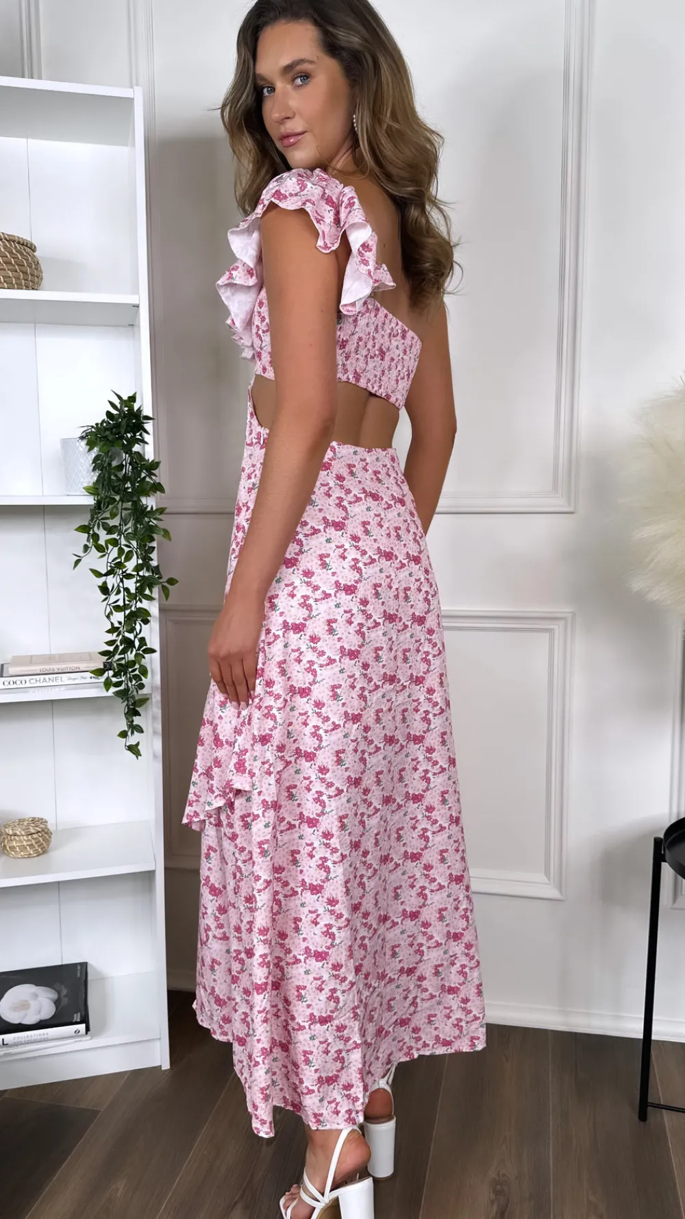 natalya_pink_floral_print_3.webp LILY MCBEE Going Out Dresses | Occasion Dresses^Natalya Pink Floral Printed One Shoulder Cut Out Maxi Dress