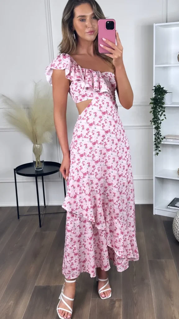 LILY MCBEE Going Out Dresses | Occasion Dresses^Natalya Pink Floral Printed One Shoulder Cut Out Maxi Dress