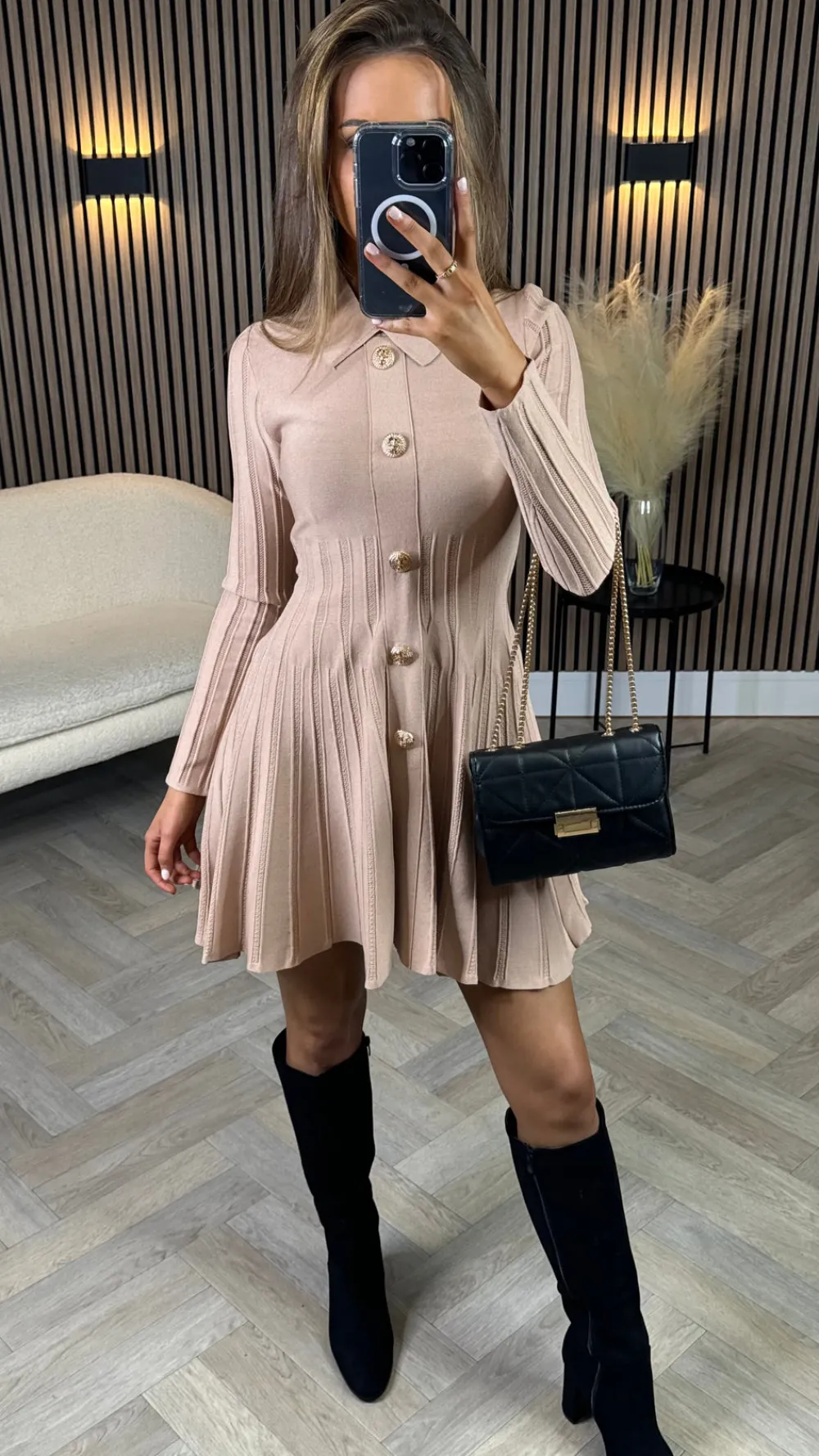 nessa_beige_button_down_c_0.webp ALLYSON Fitted Dresses | Day Dresses^Nessa Beige Button Down Collared Knit Mini Dress