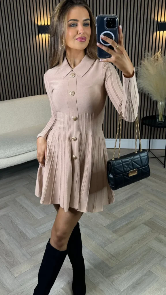 ALLYSON Fitted Dresses | Day Dresses^Nessa Beige Button Down Collared Knit Mini Dress