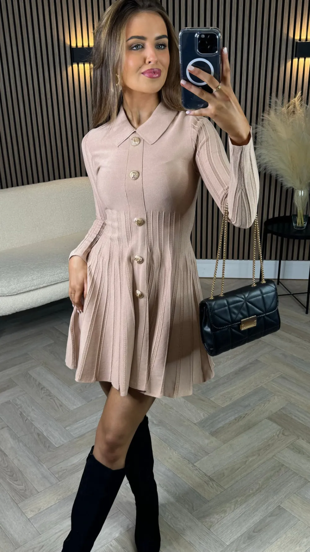 nessa_beige_button_down_c_1.webp ALLYSON Fitted Dresses | Day Dresses^Nessa Beige Button Down Collared Knit Mini Dress