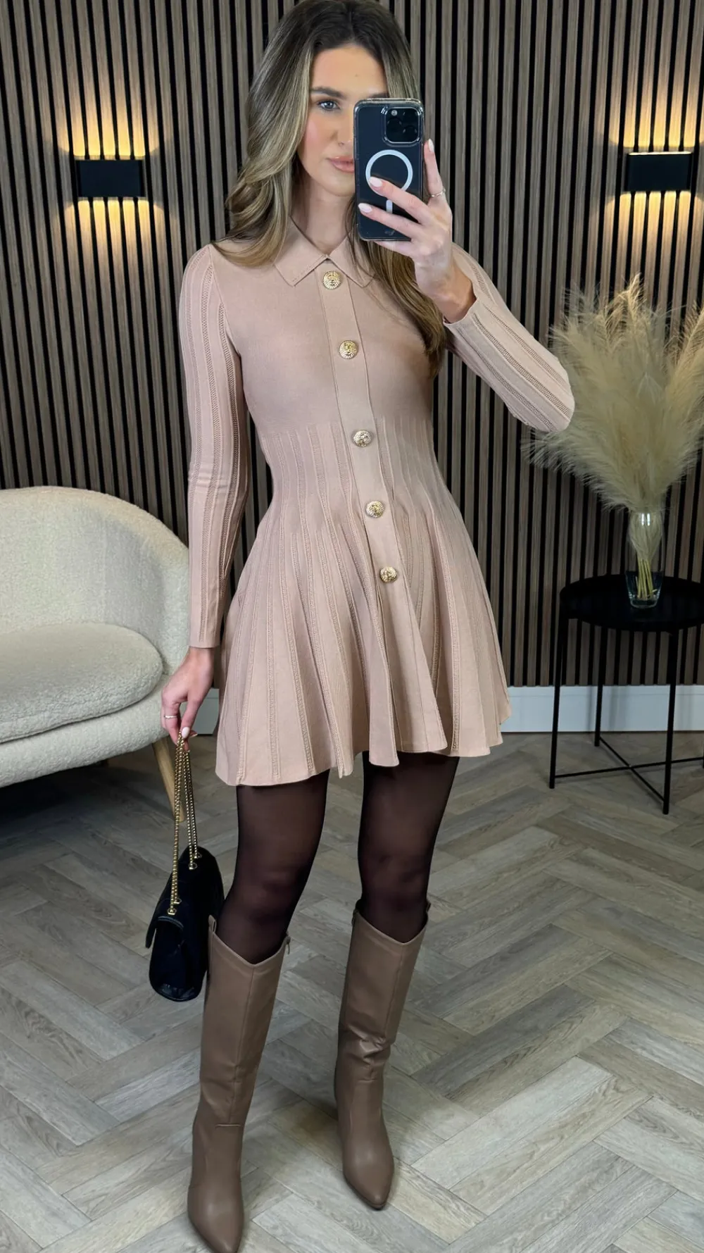 nessa_beige_button_down_c_11.webp ALLYSON Fitted Dresses | Day Dresses^Nessa Beige Button Down Collared Knit Mini Dress