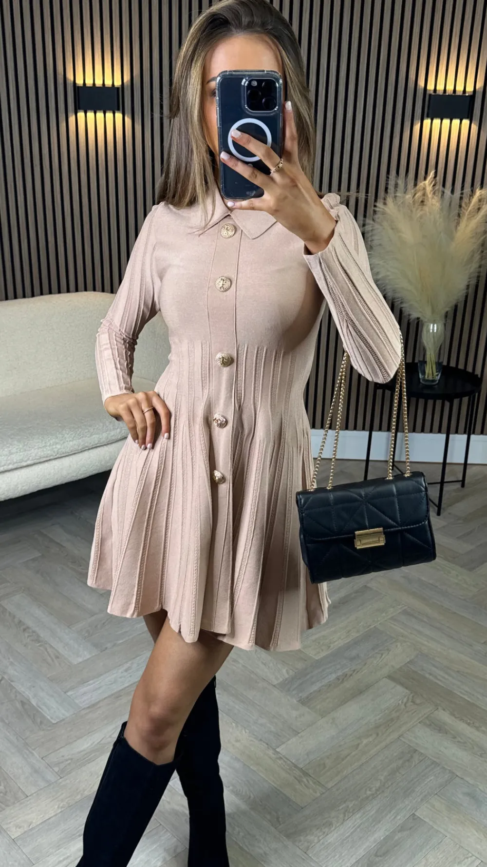 nessa_beige_button_down_c_12.webp ALLYSON Fitted Dresses | Day Dresses^Nessa Beige Button Down Collared Knit Mini Dress
