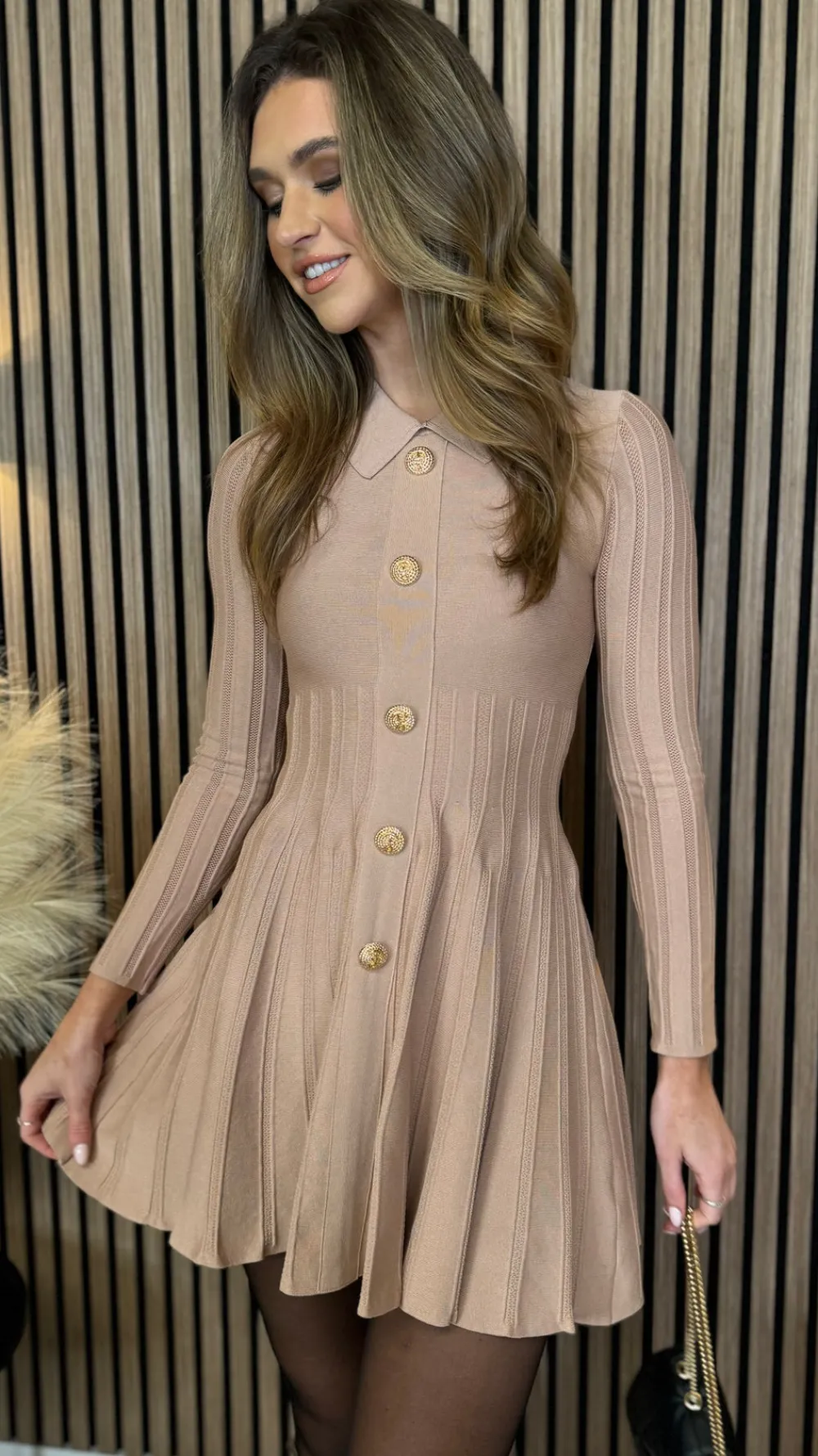 nessa_beige_button_down_c_2.webp ALLYSON Fitted Dresses | Day Dresses^Nessa Beige Button Down Collared Knit Mini Dress
