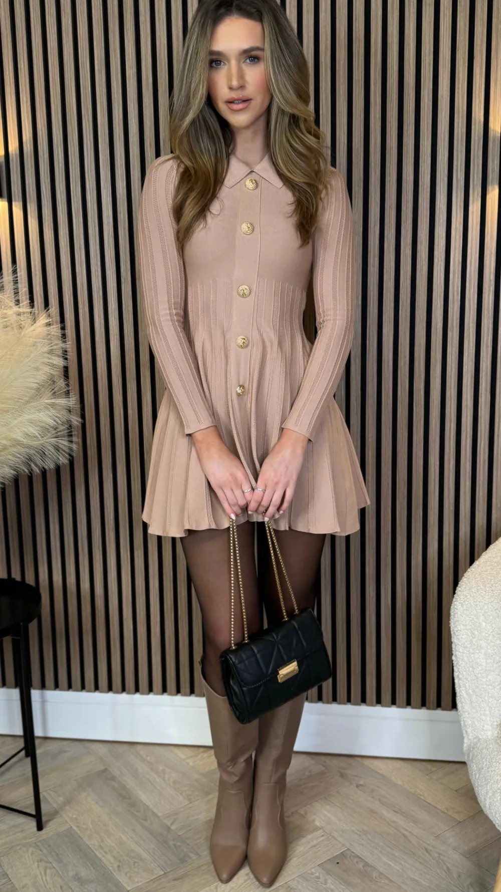nessa_beige_button_down_c_3.webp ALLYSON Fitted Dresses | Day Dresses^Nessa Beige Button Down Collared Knit Mini Dress