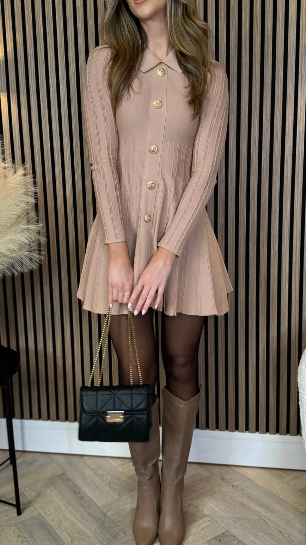 nessa_beige_button_down_c_5.webp ALLYSON Fitted Dresses | Day Dresses^Nessa Beige Button Down Collared Knit Mini Dress