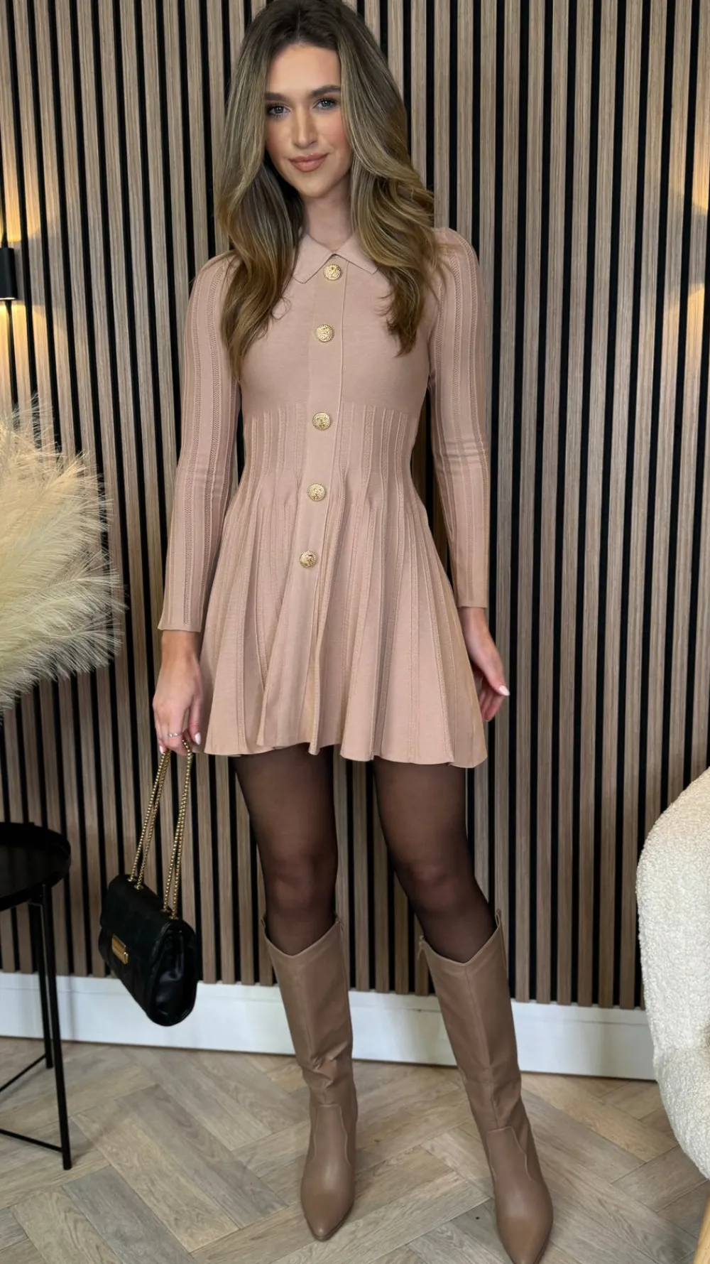 nessa_beige_button_down_c_6.webp ALLYSON Fitted Dresses | Day Dresses^Nessa Beige Button Down Collared Knit Mini Dress