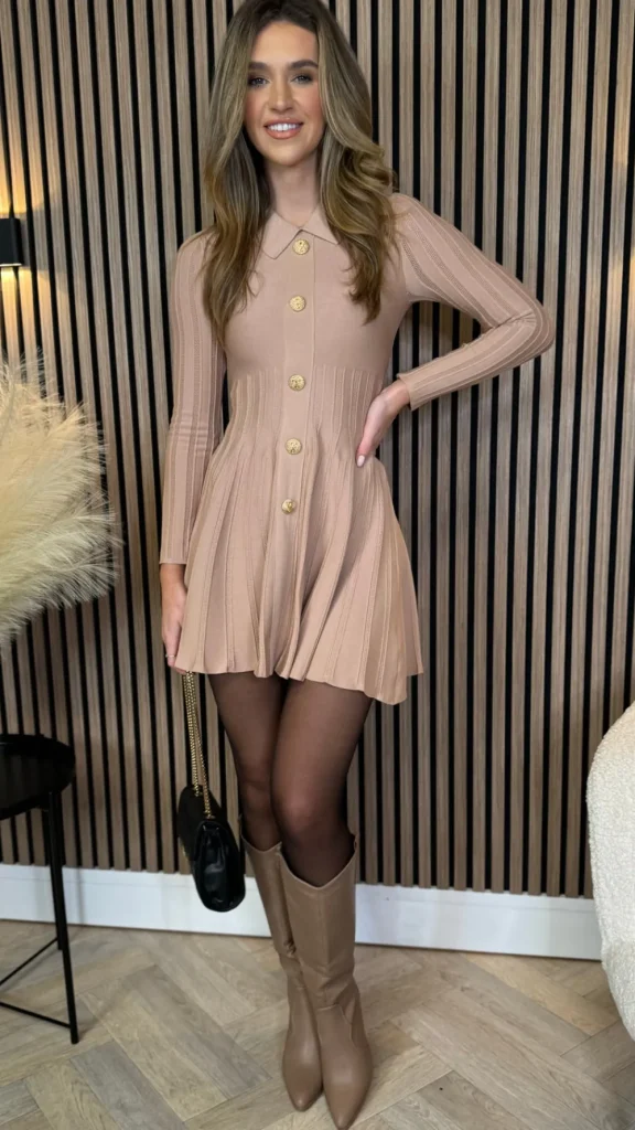 ALLYSON Fitted Dresses | Day Dresses^Nessa Beige Button Down Collared Knit Mini Dress