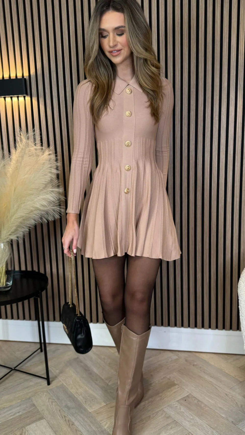 nessa_beige_button_down_c_8.webp ALLYSON Fitted Dresses | Day Dresses^Nessa Beige Button Down Collared Knit Mini Dress