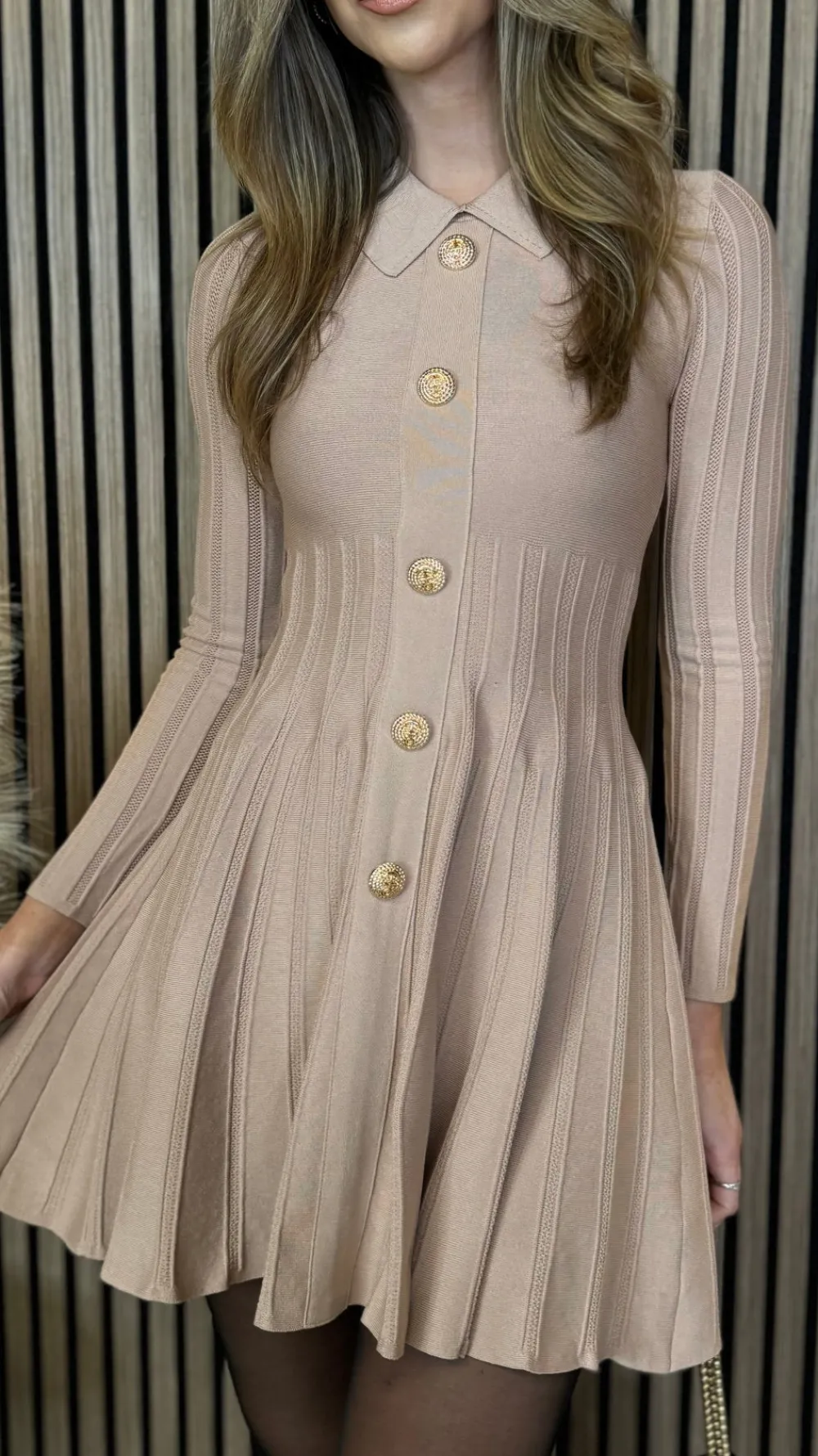 nessa_beige_button_down_c_9.webp ALLYSON Fitted Dresses | Day Dresses^Nessa Beige Button Down Collared Knit Mini Dress