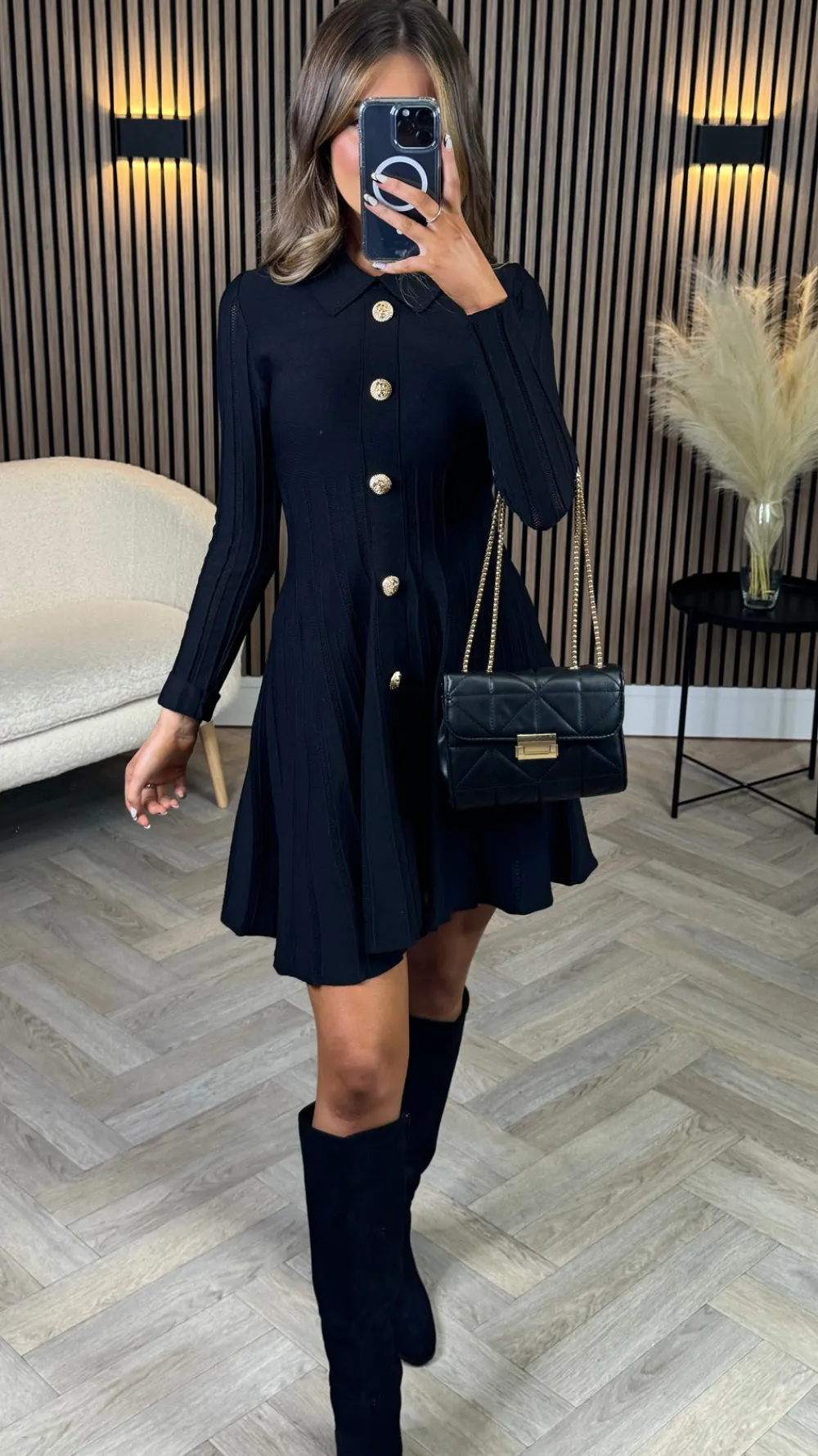 nessa_black_button_down_c_0.webp ALLYSON Fitted Dresses | Day Dresses^Nessa Black Button Down Collared Knit Mini Dress