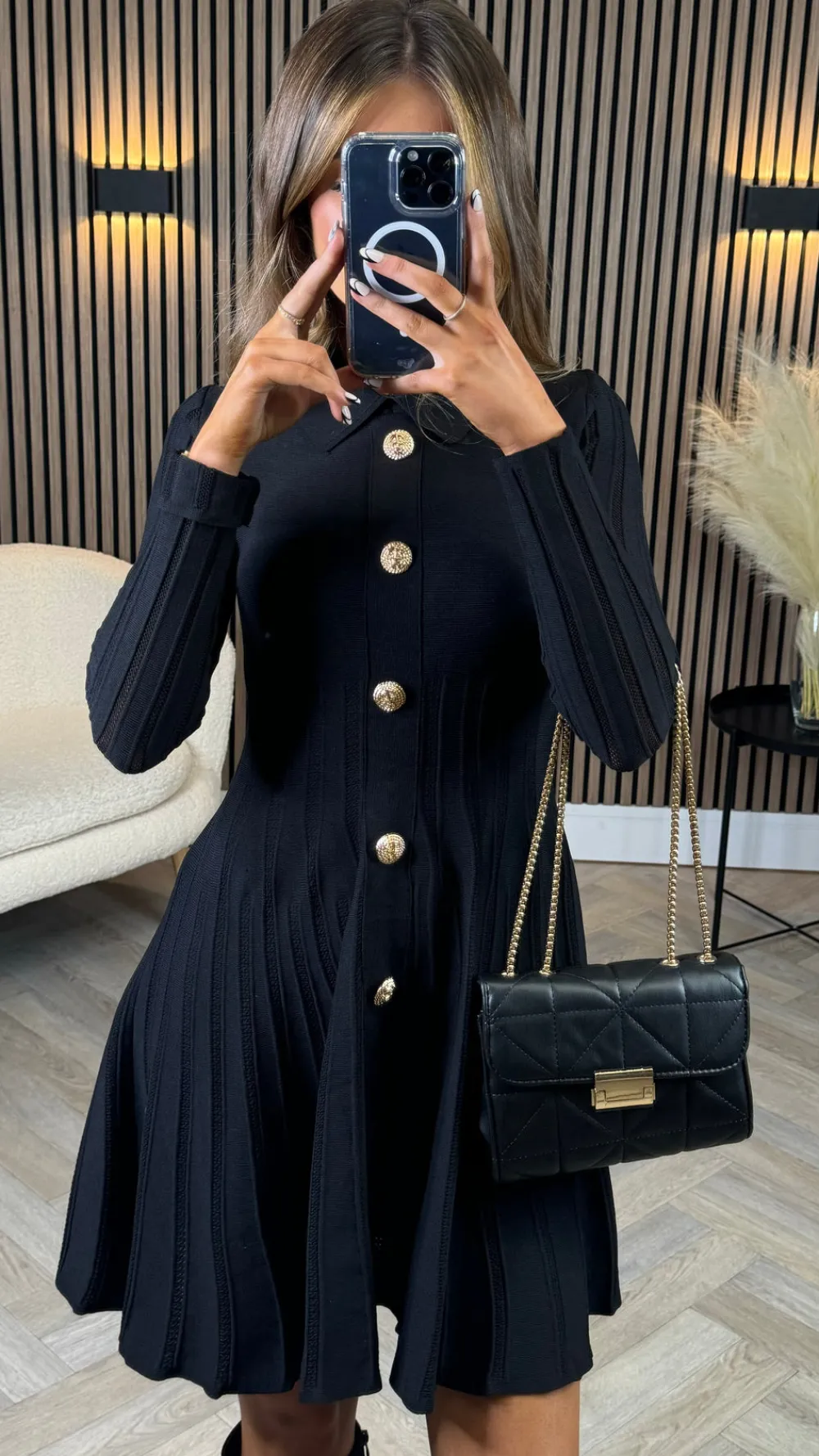 nessa_black_button_down_c_2.webp ALLYSON Fitted Dresses | Day Dresses^Nessa Black Button Down Collared Knit Mini Dress