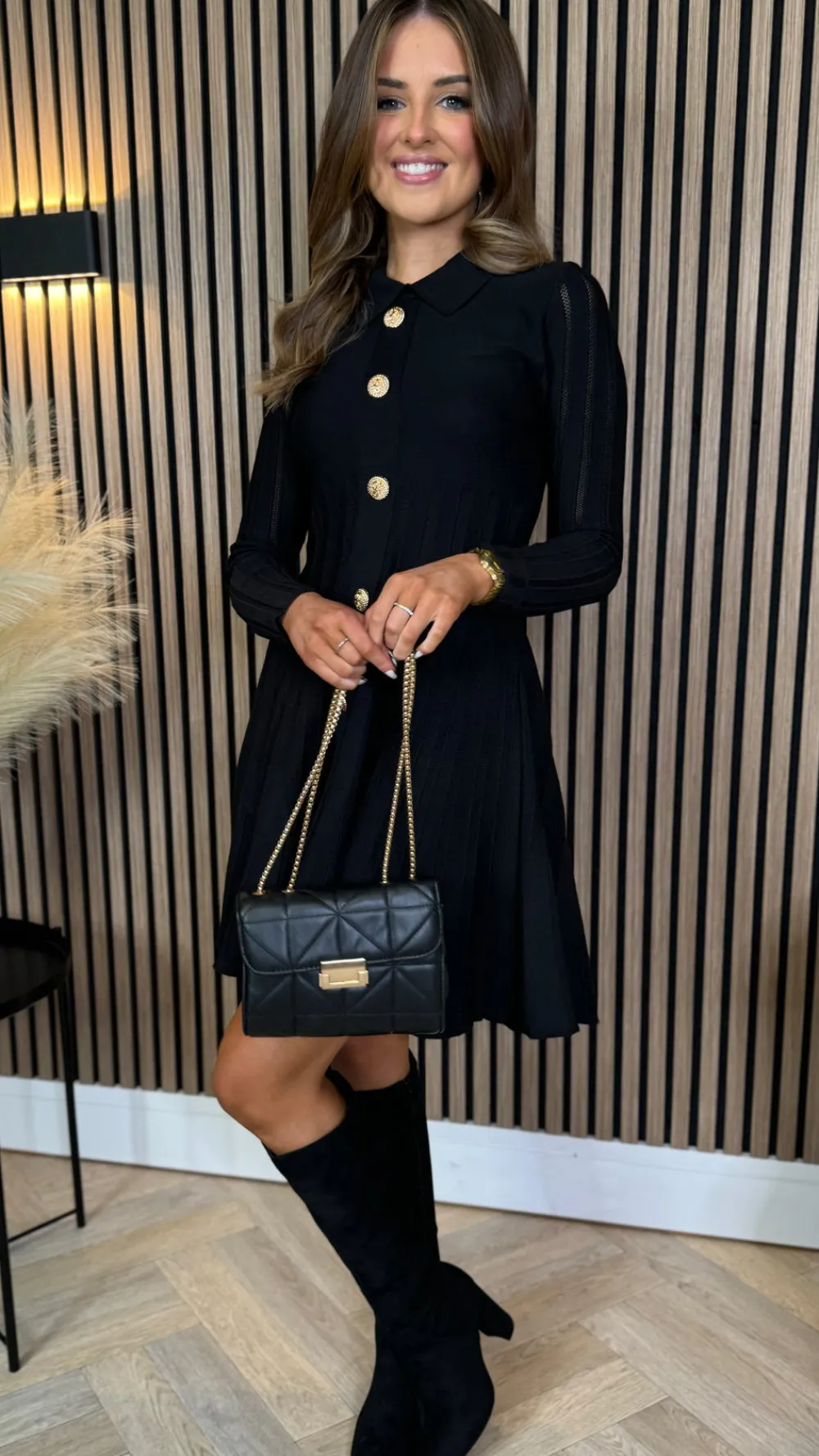 nessa_black_button_down_c_3.webp ALLYSON Fitted Dresses | Day Dresses^Nessa Black Button Down Collared Knit Mini Dress