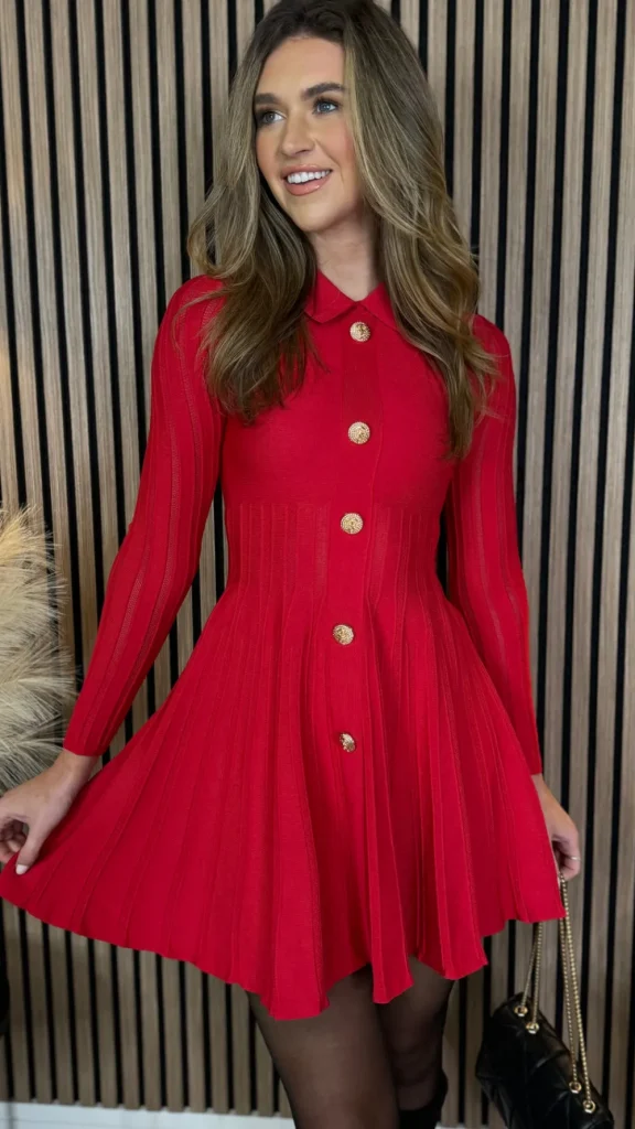 ALLYSON Fitted Dresses | Going Out Dresses^Nessa Red Button Down Collared Knit Mini Dress
