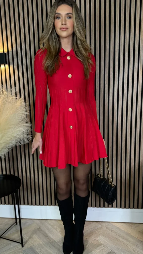 ALLYSON Fitted Dresses | Going Out Dresses^Nessa Red Button Down Collared Knit Mini Dress