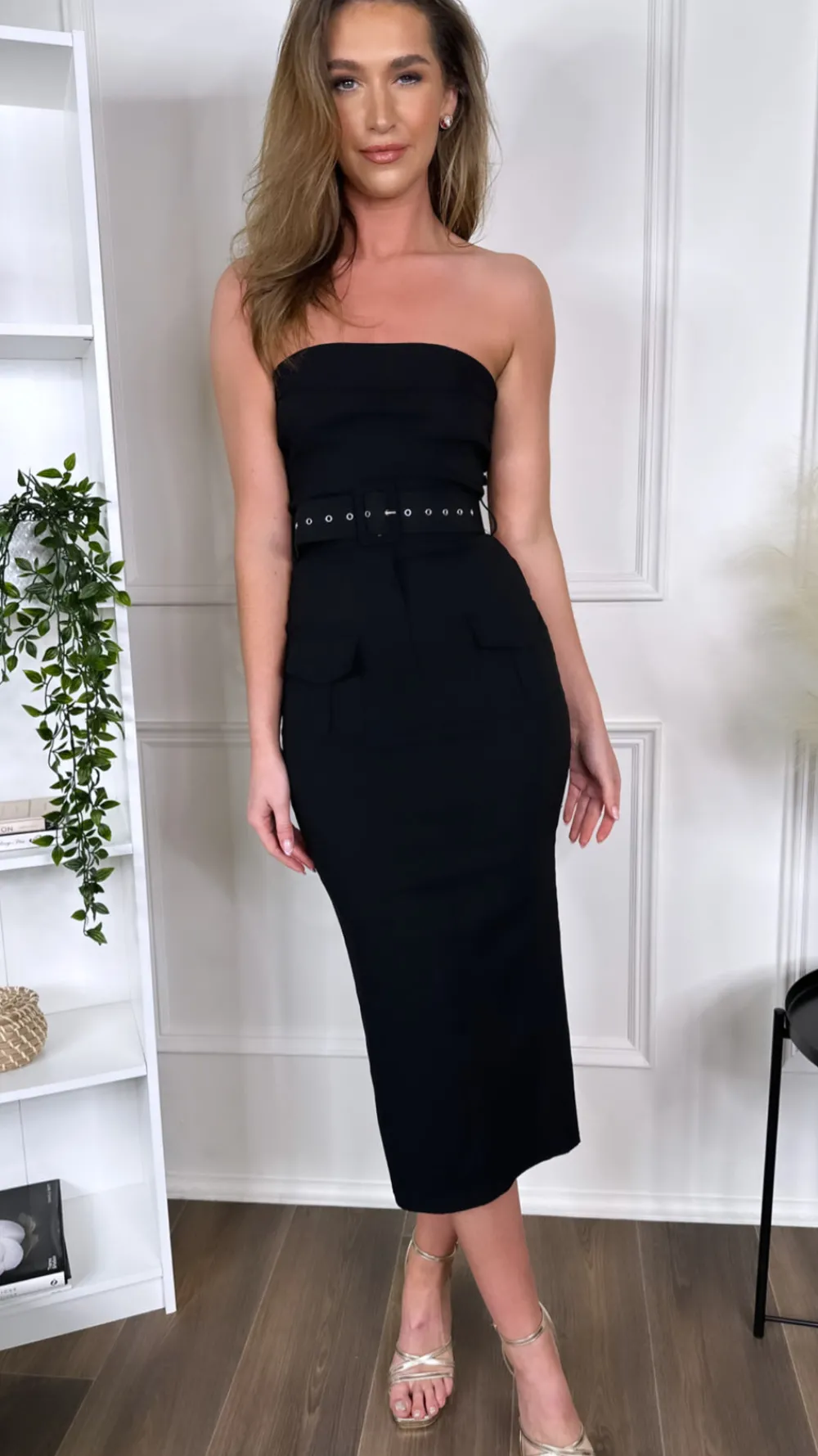 nico_black_stretch_cotton_1.webp AX PARIS Going Out Dresses | Occasion Dresses^Nico Black Stretch Cotton Strapless Belted Bodycon Midi Dress