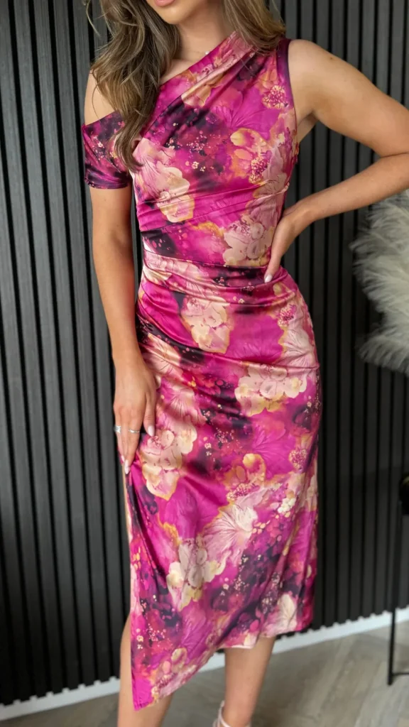GIRL IN MIND Going Out Dresses | Occasion Dresses^Nicole Pink Printed Asymmetric Neckline Pink Print Midi Dress