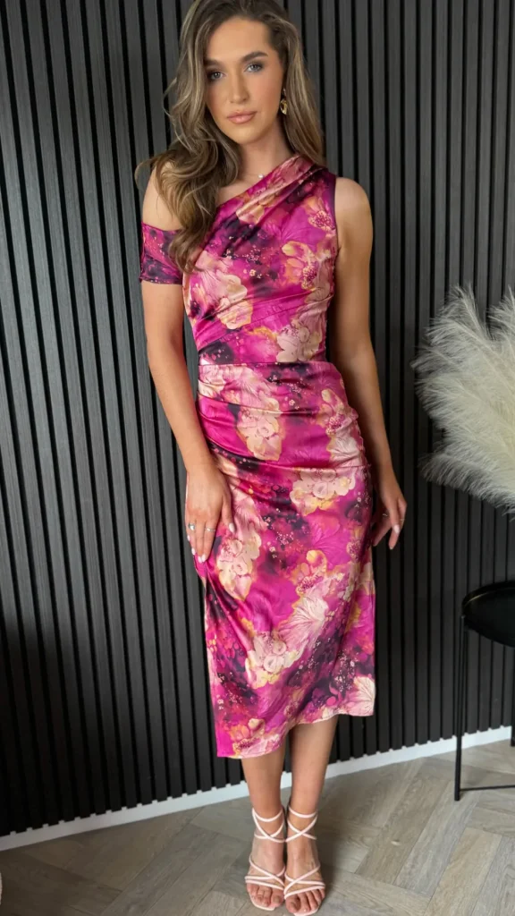 GIRL IN MIND Going Out Dresses | Occasion Dresses^Nicole Pink Printed Asymmetric Neckline Pink Print Midi Dress