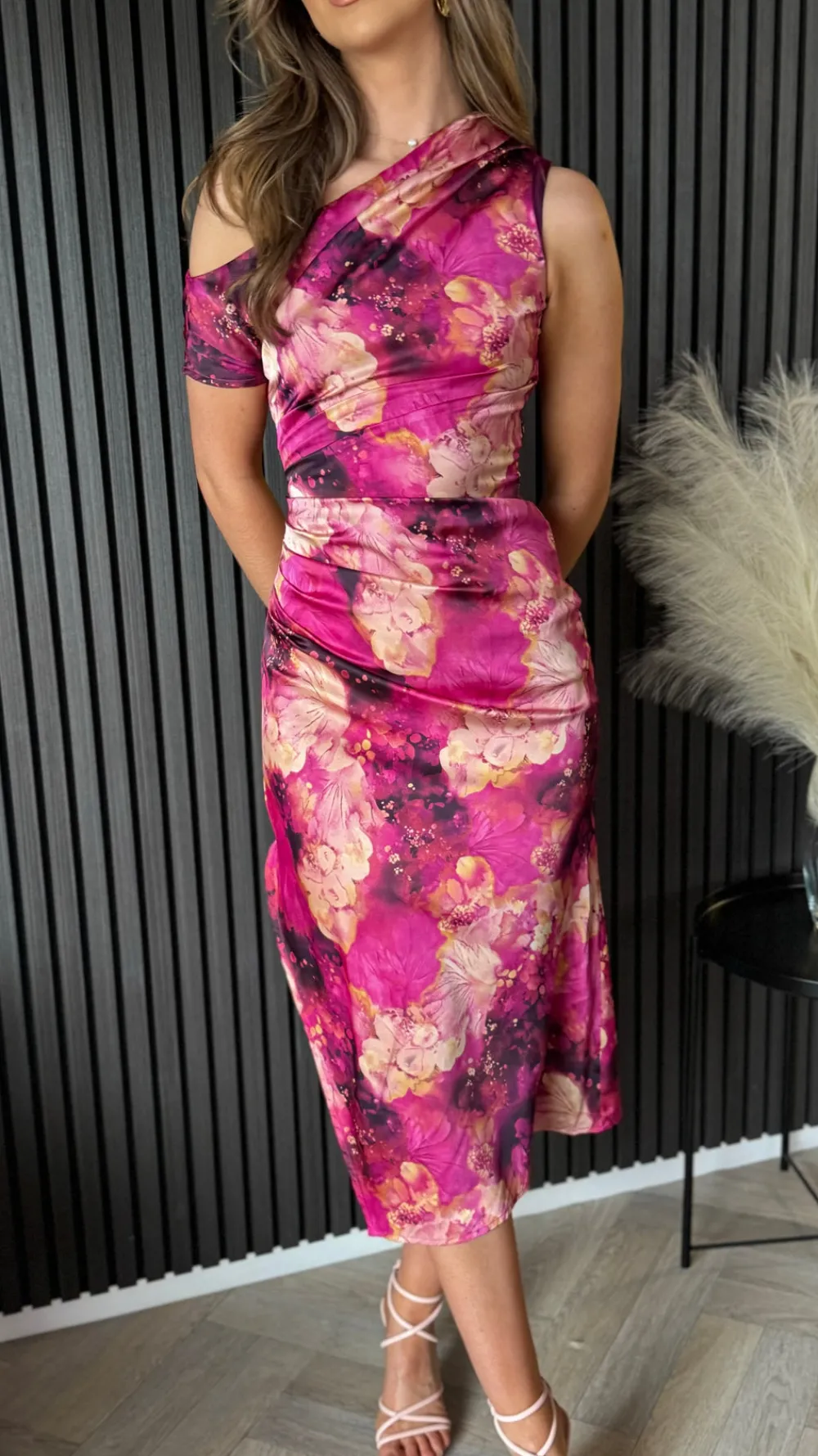 nicole_pink_printed_asymm_6.webp GIRL IN MIND Going Out Dresses | Occasion Dresses^Nicole Pink Printed Asymmetric Neckline Pink Print Midi Dress