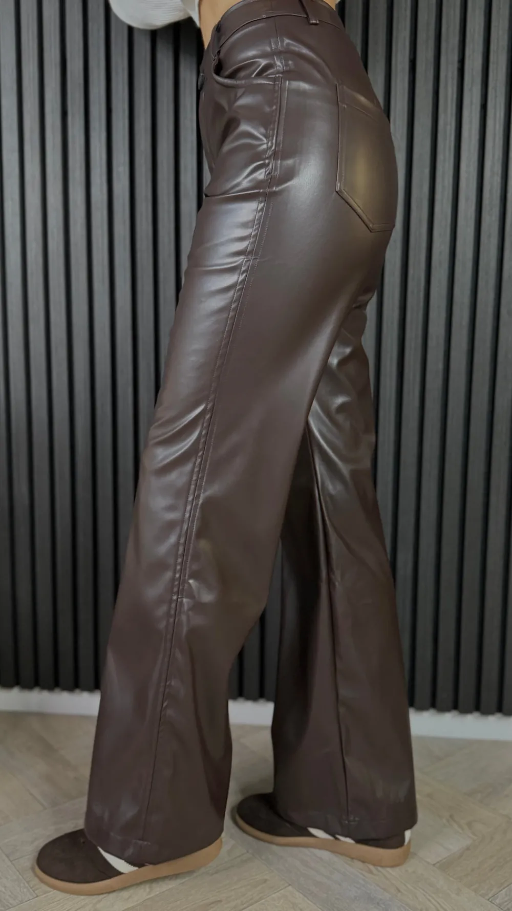 nylah_brown_leather_look__3.webp ELENZA Trousers^Nylah Brown Leather Look Straight Leg Trousers