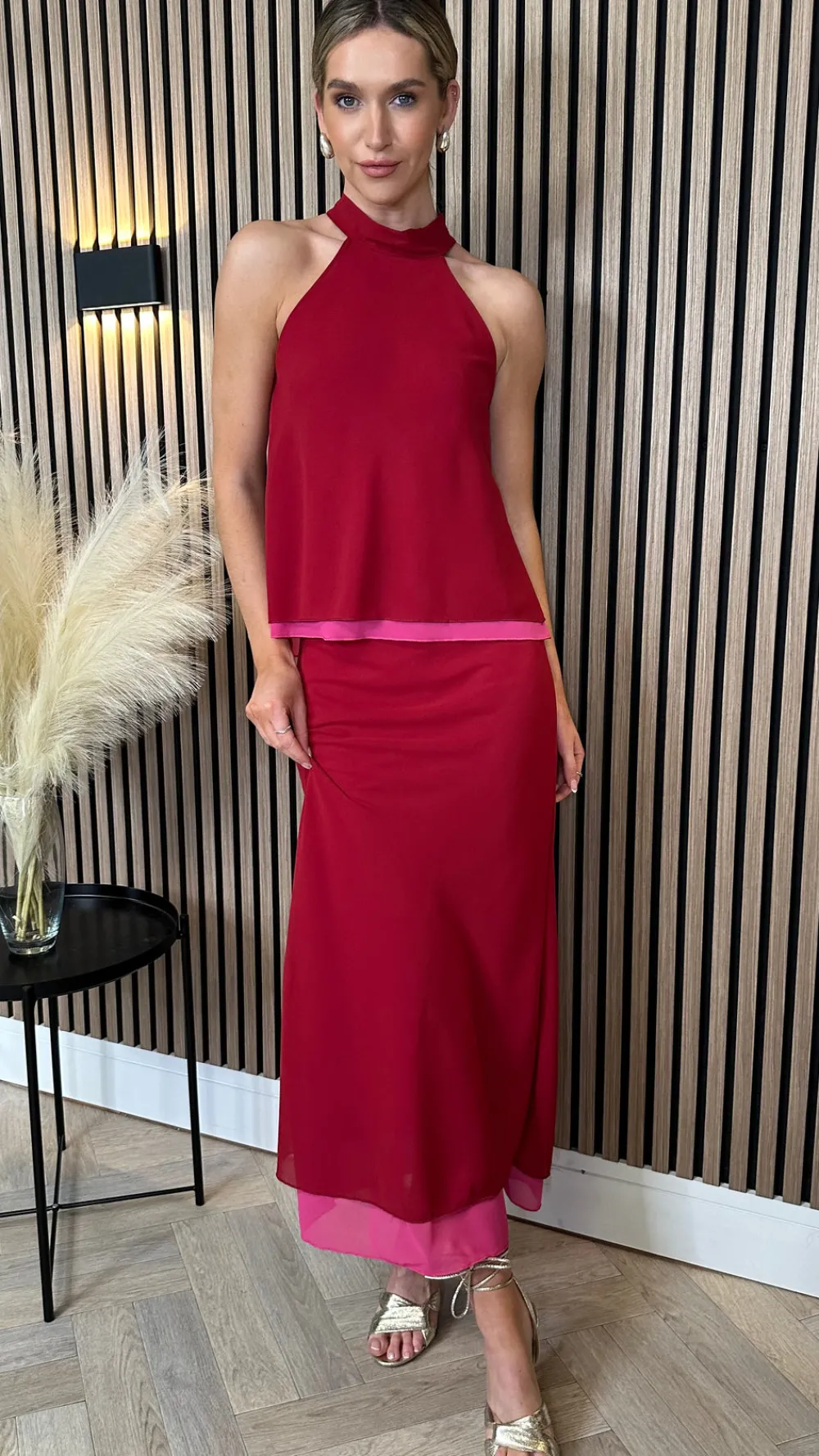 oaklynn_red_halterneck_am_0.webp LORIANE Co-ords^Oaklynn Red Halterneck & Midi Skirt Co Ord