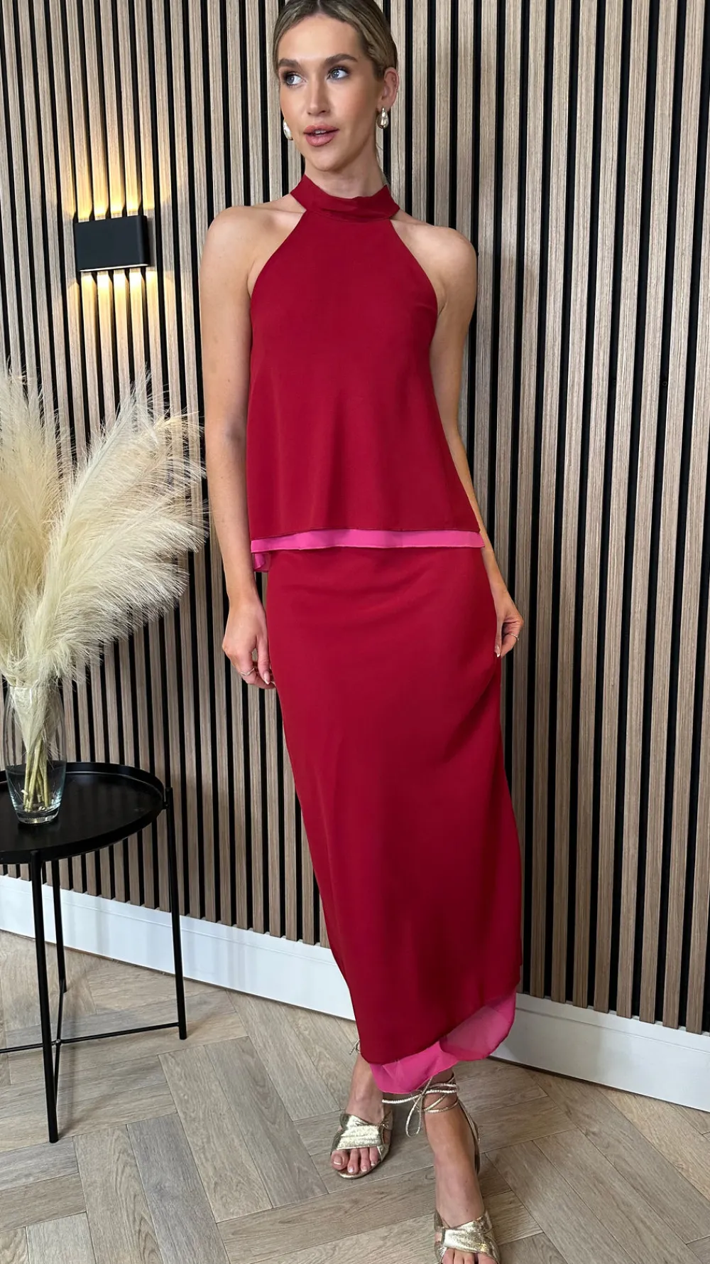 oaklynn_red_halterneck_am_1.webp LORIANE Co-ords^Oaklynn Red Halterneck & Midi Skirt Co Ord