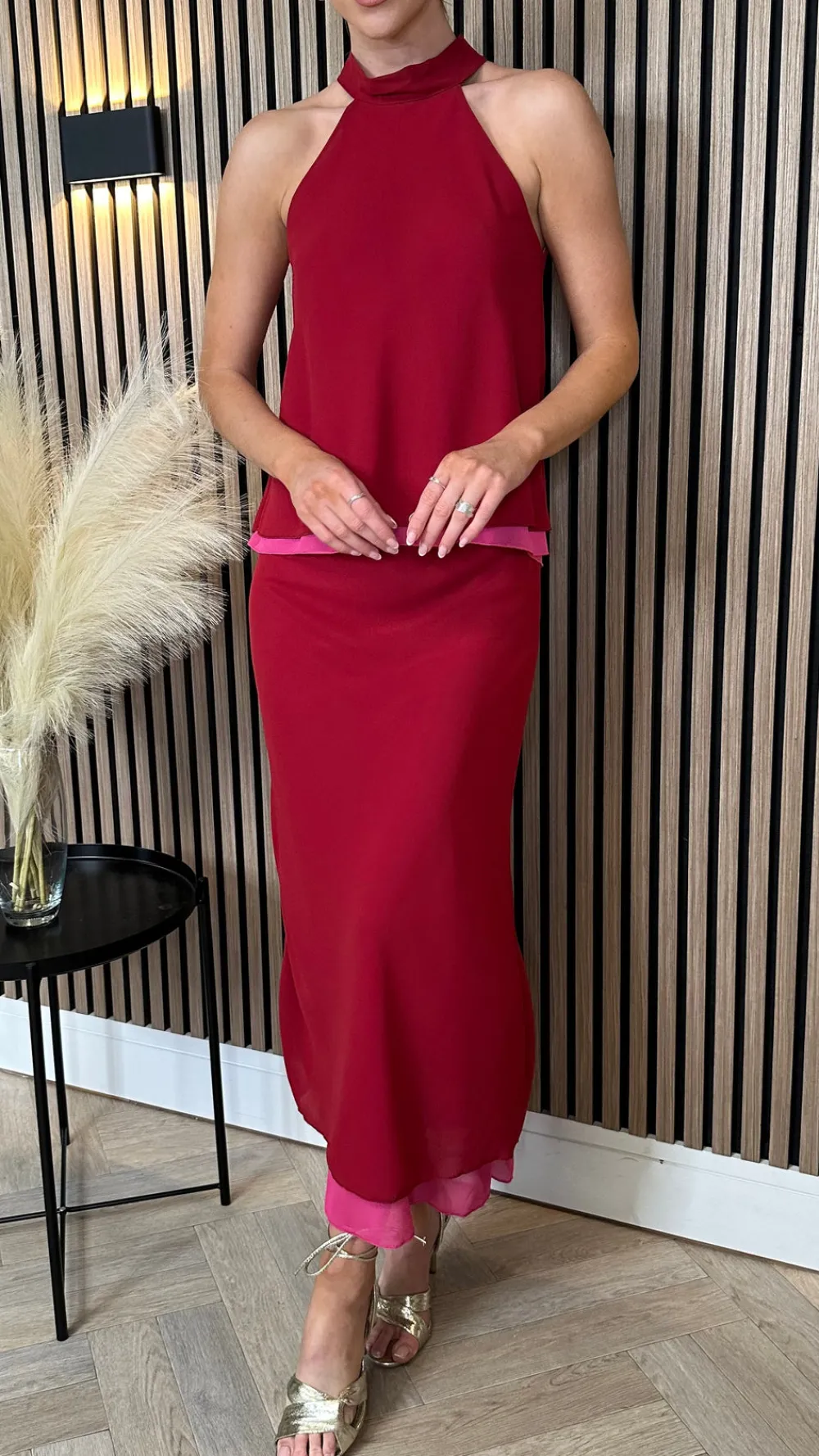 oaklynn_red_halterneck_am_2.webp LORIANE Co-ords^Oaklynn Red Halterneck & Midi Skirt Co Ord