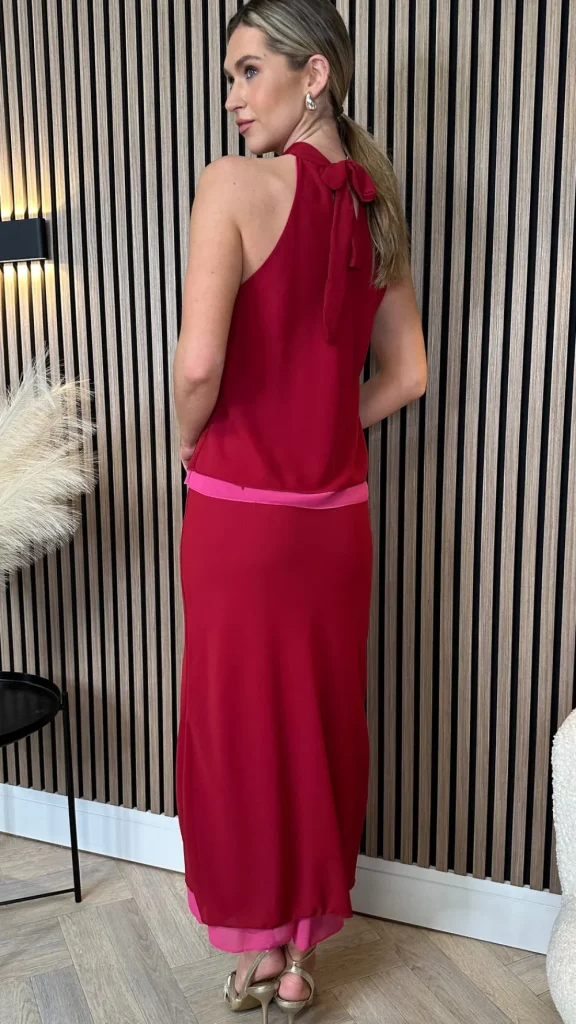 LORIANE Co-ords^Oaklynn Red Halterneck & Midi Skirt Co Ord