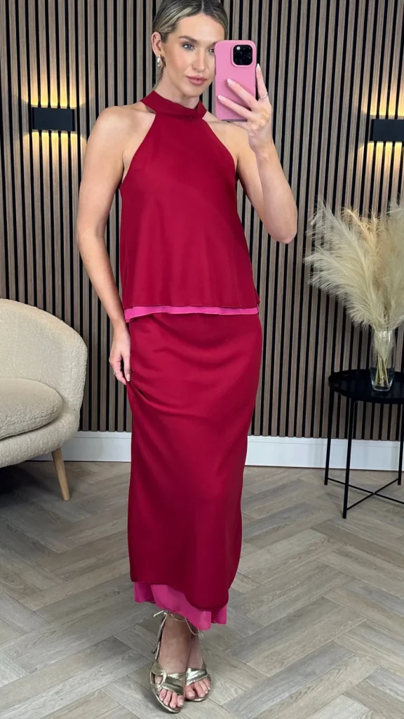 LORIANE Co-ords^Oaklynn Red Halterneck & Midi Skirt Co Ord