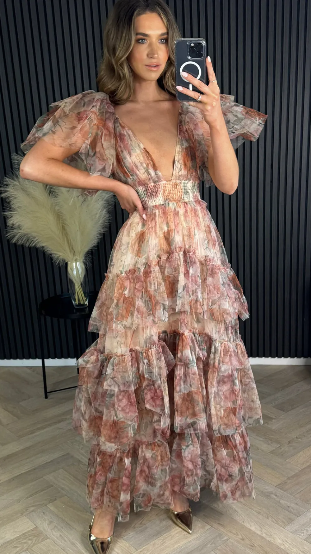 oceana_brown_floral_print_10.webp CANDICE FAIRE Going Out Dresses | Occasion Dresses^Oceana Brown Floral Print Tulle Maxi Dress