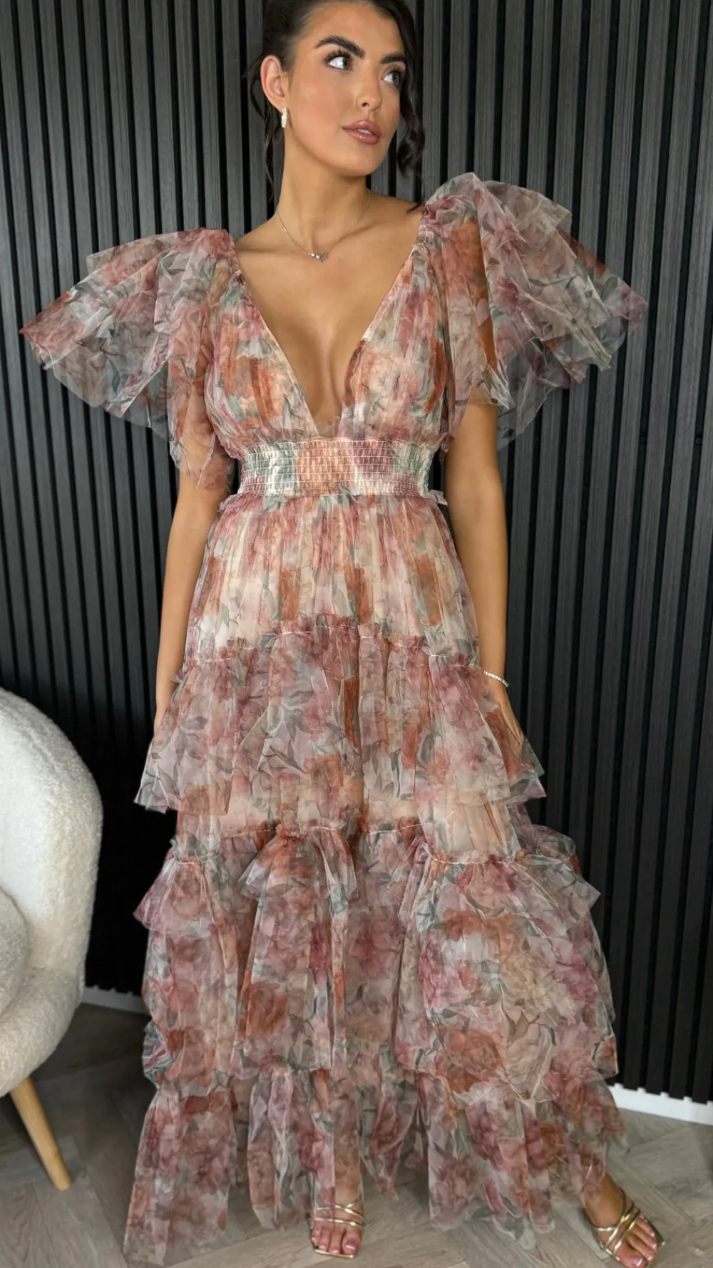 oceana_brown_floral_print_12.webp CANDICE FAIRE Going Out Dresses | Occasion Dresses^Oceana Brown Floral Print Tulle Maxi Dress