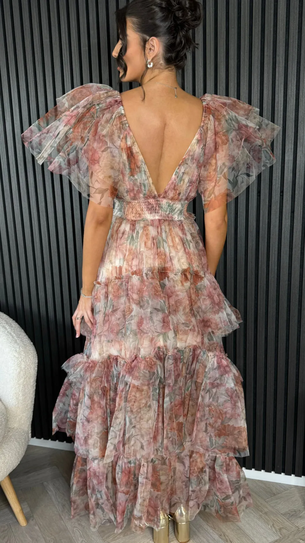 oceana_brown_floral_print_14.webp CANDICE FAIRE Going Out Dresses | Occasion Dresses^Oceana Brown Floral Print Tulle Maxi Dress