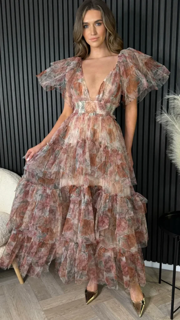 CANDICE FAIRE Going Out Dresses | Occasion Dresses^Oceana Brown Floral Print Tulle Maxi Dress