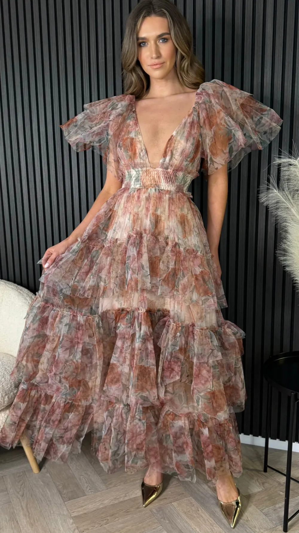 oceana_brown_floral_print_3.webp CANDICE FAIRE Going Out Dresses | Occasion Dresses^Oceana Brown Floral Print Tulle Maxi Dress