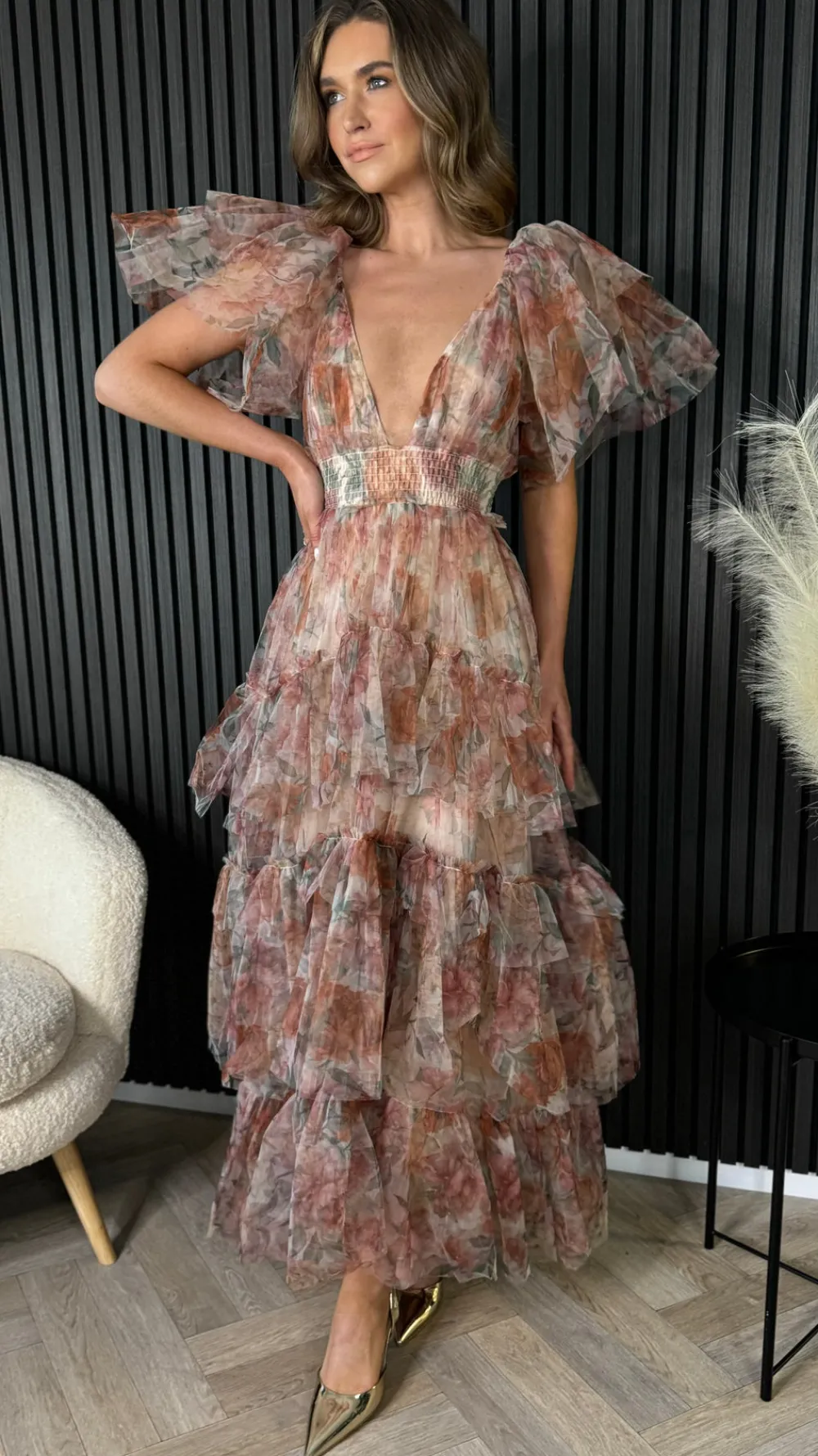 oceana_brown_floral_print_4.webp CANDICE FAIRE Going Out Dresses | Occasion Dresses^Oceana Brown Floral Print Tulle Maxi Dress
