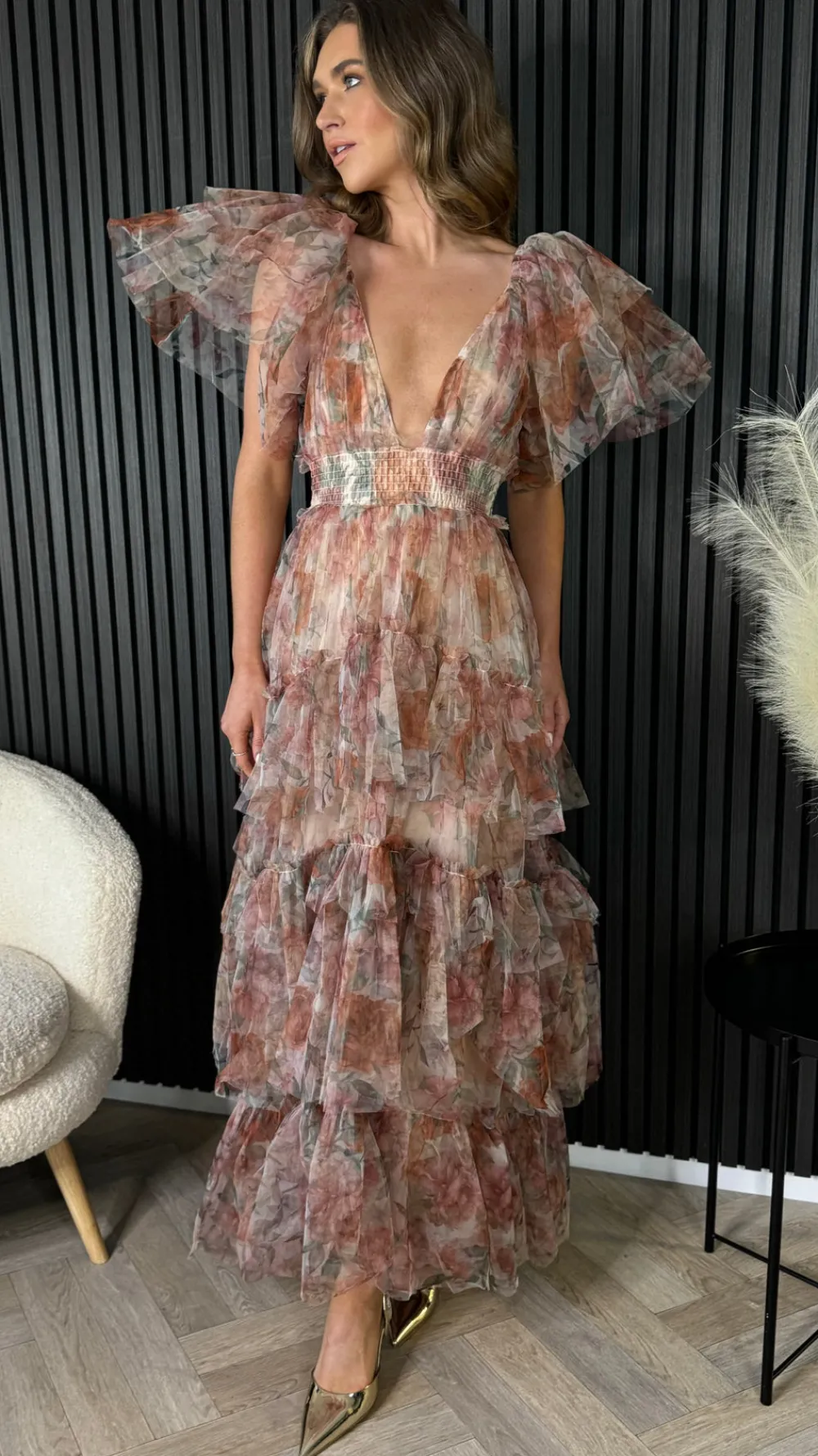 oceana_brown_floral_print_5.webp CANDICE FAIRE Going Out Dresses | Occasion Dresses^Oceana Brown Floral Print Tulle Maxi Dress