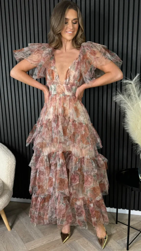 CANDICE FAIRE Going Out Dresses | Occasion Dresses^Oceana Brown Floral Print Tulle Maxi Dress