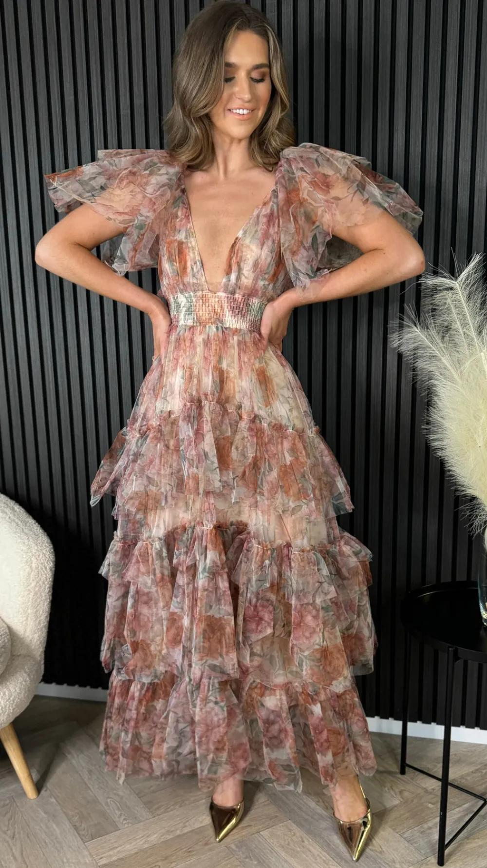 oceana_brown_floral_print_6.webp CANDICE FAIRE Going Out Dresses | Occasion Dresses^Oceana Brown Floral Print Tulle Maxi Dress