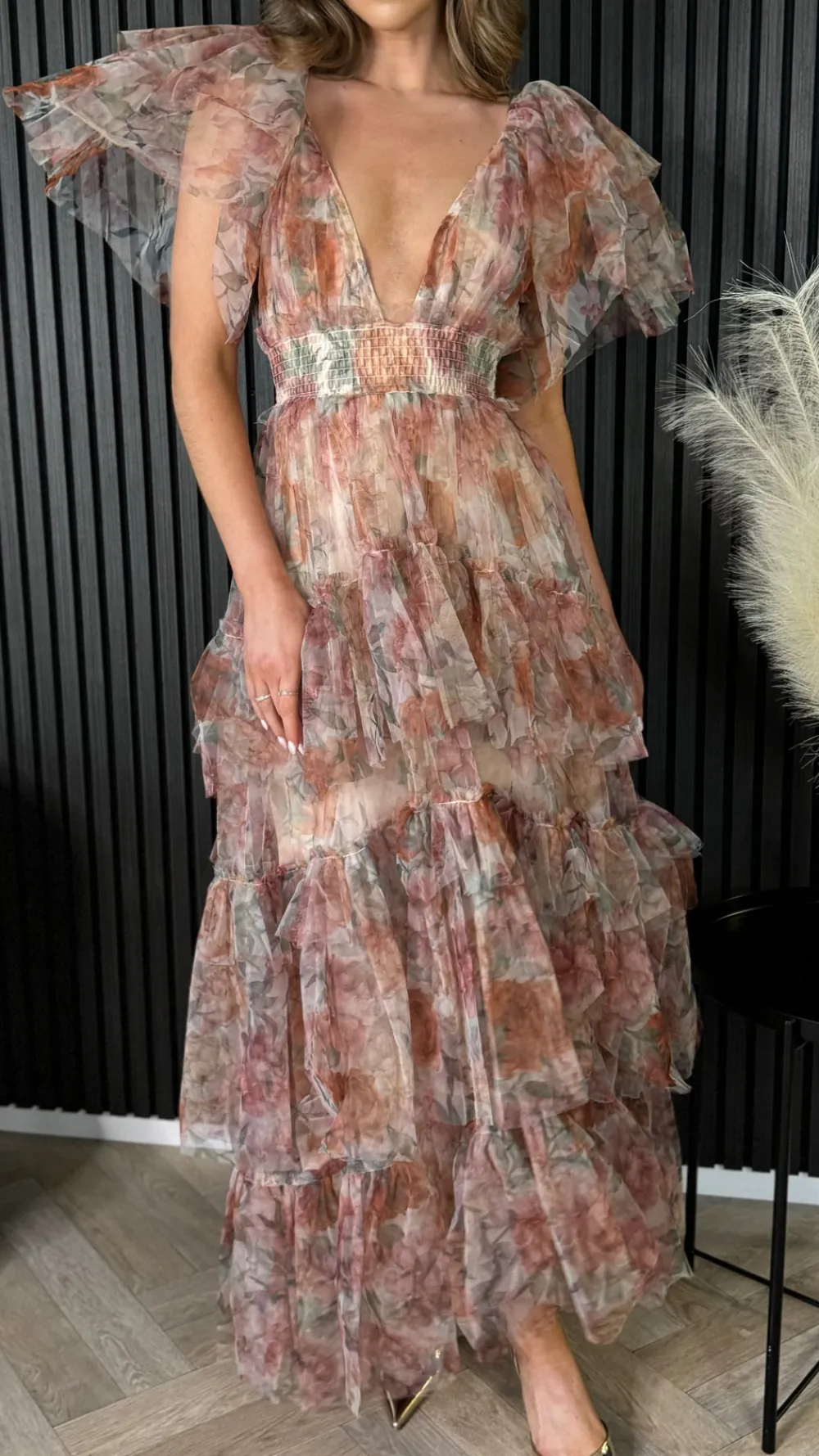 oceana_brown_floral_print_7.webp CANDICE FAIRE Going Out Dresses | Occasion Dresses^Oceana Brown Floral Print Tulle Maxi Dress