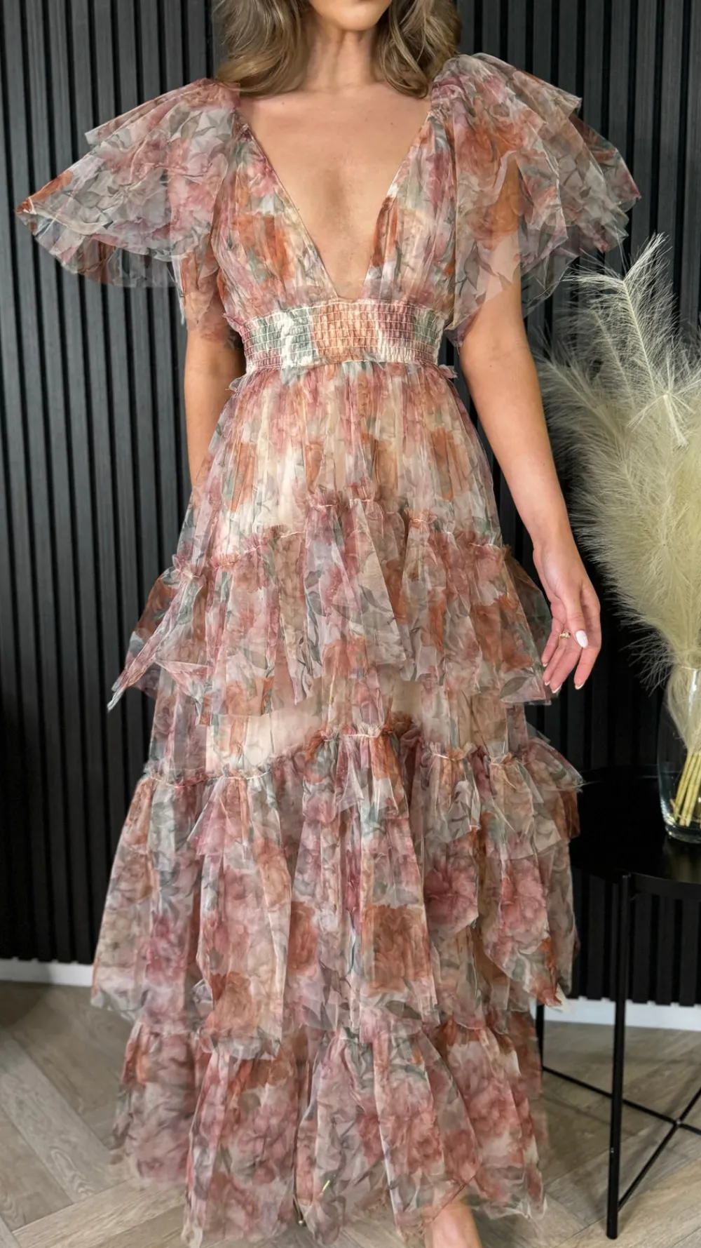oceana_brown_floral_print_8.webp CANDICE FAIRE Going Out Dresses | Occasion Dresses^Oceana Brown Floral Print Tulle Maxi Dress