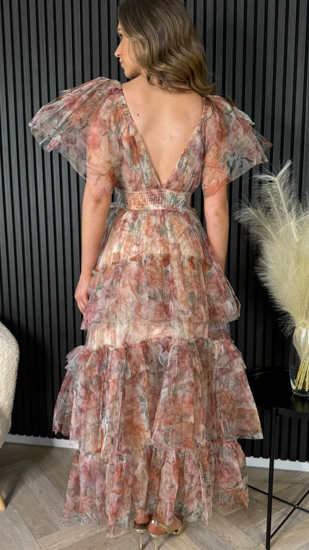 oceana_brown_floral_print_9.webp CANDICE FAIRE Going Out Dresses | Occasion Dresses^Oceana Brown Floral Print Tulle Maxi Dress