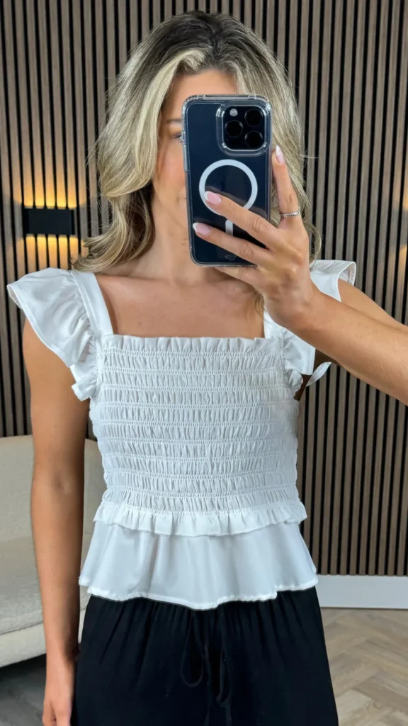 LUCCE Tops^Oliviane White Elasticated Bodice Ruffle Detail Top