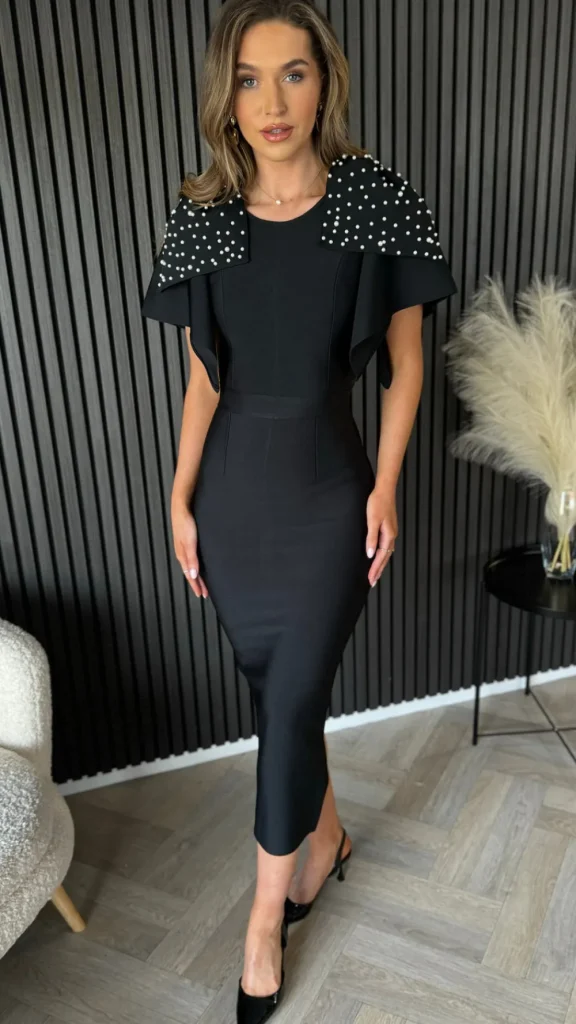 NEW Going Out Dresses | Occasion Dresses^Orlaith Black Bandage Pearl Detail Puff Sleeve Midi Dress