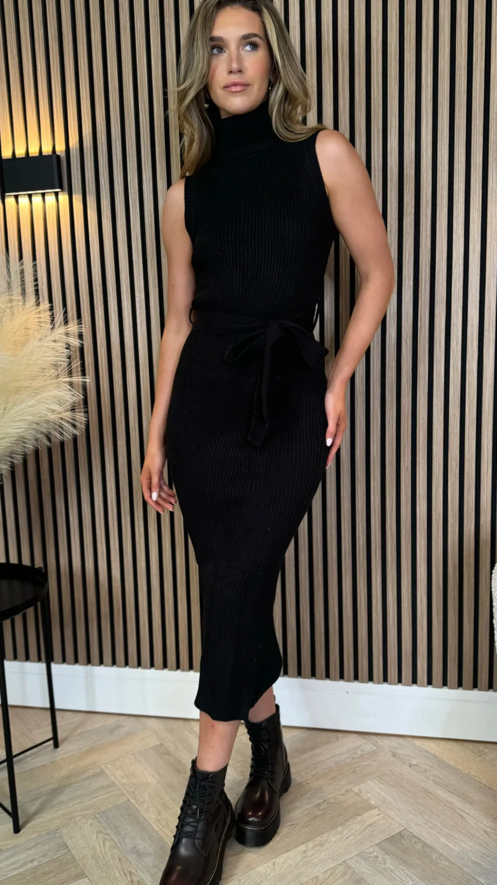 paige_black_roll_neck_sle_5.webp AX PARIS Going Out Dresses | Midi Dresses^Paige Black Roll Neck Sleeveless Belted Knit Midi Dress