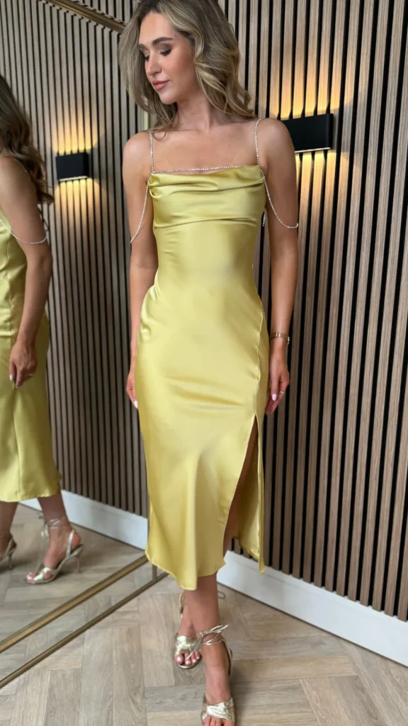 PARIS FASHION SHOPS Going Out Dresses | Occasion Dresses^Paris Yellow Satin Slip Midi Dress