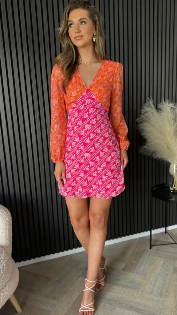 GIRL IN MIND Occasion Dresses | Mini Dresses^Patrice Orange & Pink Contrast Print Long Sleeve Mini Dress