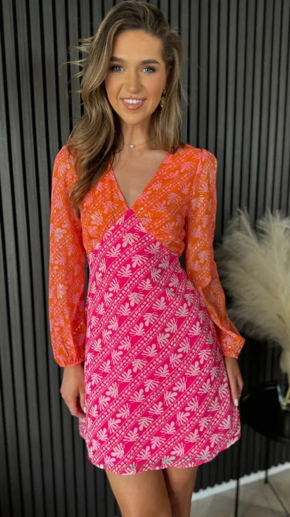 GIRL IN MIND Occasion Dresses | Mini Dresses^Patrice Orange & Pink Contrast Print Long Sleeve Mini Dress