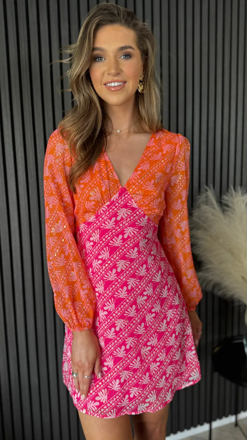 patrice_orange_amp_pink_c_5.webp GIRL IN MIND Occasion Dresses | Mini Dresses^Patrice Orange & Pink Contrast Print Long Sleeve Mini Dress
